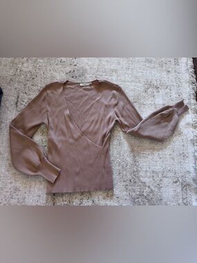 Lush V-Neck Ribbed Balloon Sleeve Sweater - Mauve